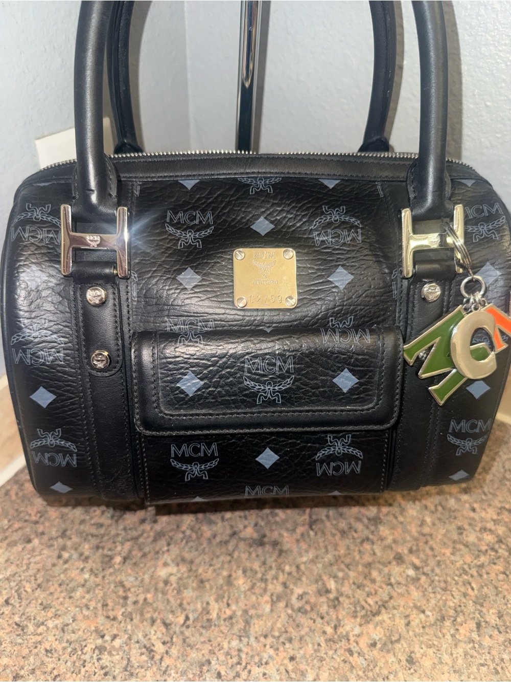 MCM Black Leather Satchel with original cards and MCM keychain EUC